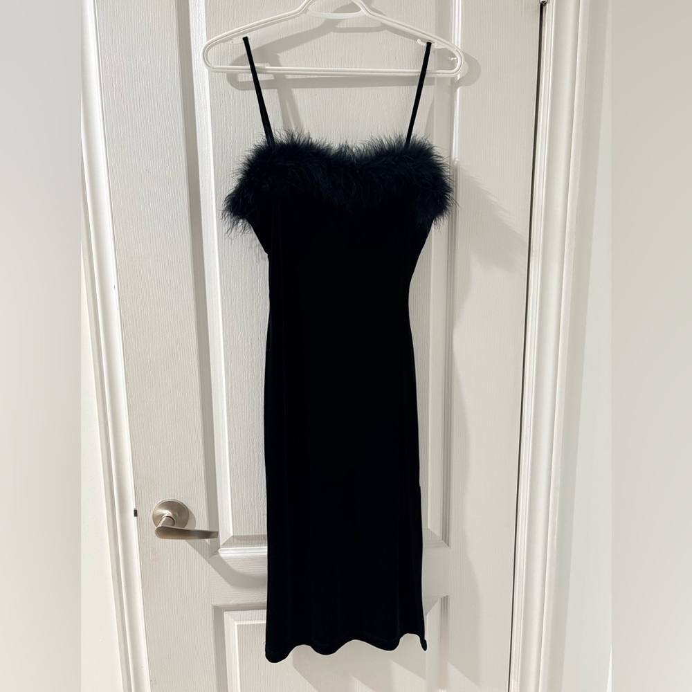 Black Velvet Feather Trim Slip Dress – Spaghetti Straps – Party / Cocktail - Picture 3 of 9